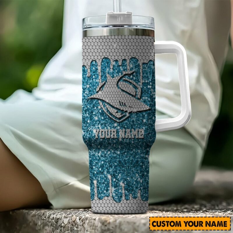 Cronulla-Sutherland Sharks NRL Sports Glitter Custom Stanley Quencher 40oz Stainless Steel Tumbler With Handle - Threewoofs