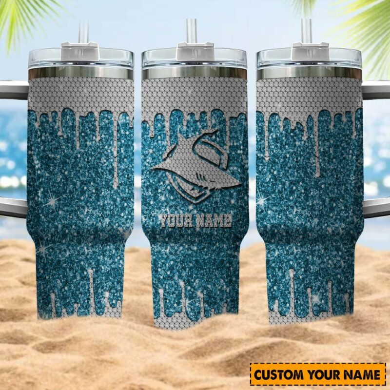 Cronulla-Sutherland Sharks NRL Sports Glitter Custom Stanley Quencher 40oz Stainless Steel Tumbler With Handle - Threewoofs - Image 4