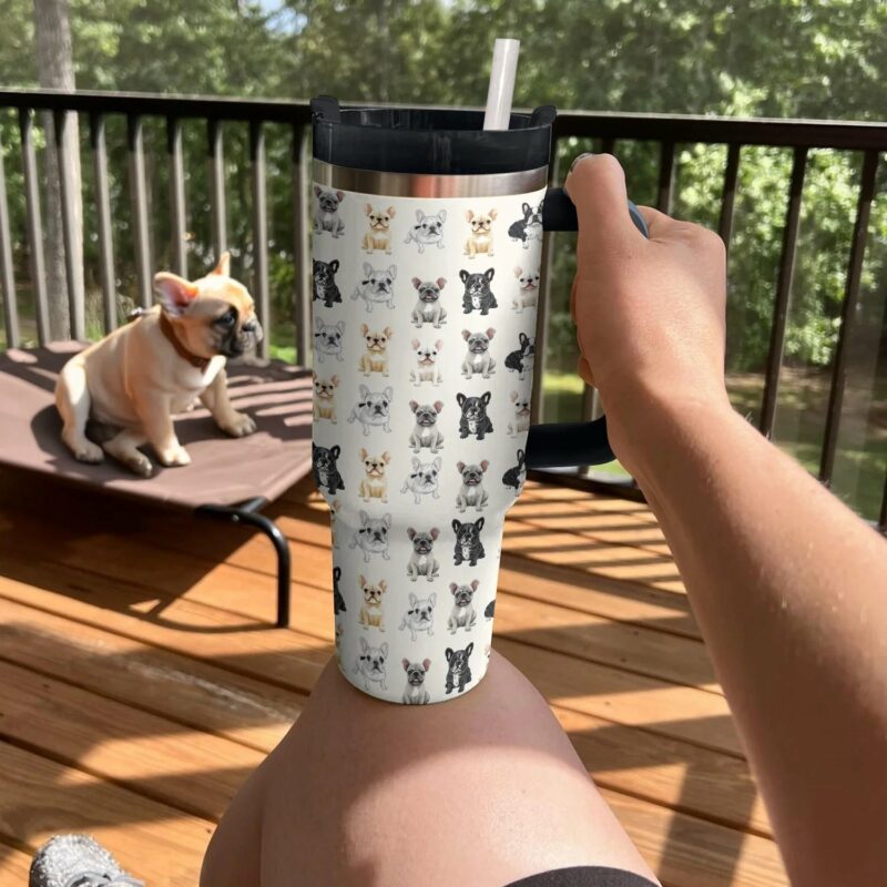Cuddle Time Frenchie Bulldog Custom Stanley Quencher 40oz Stainless Steel Tumbler With Handle - Threewoofs - Image 3