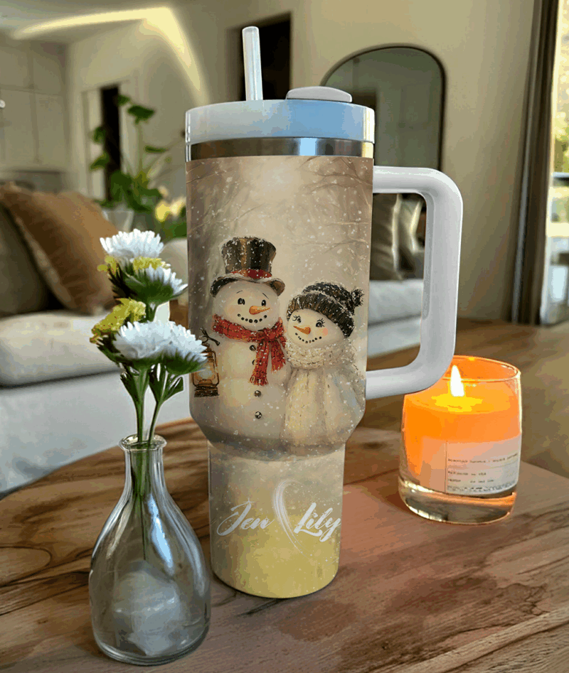 Customized Snowy Cuddle Christmas Custom Stanley Quencher 40oz Stainless Steel Tumbler With Handle - Threewoofs - Image 2