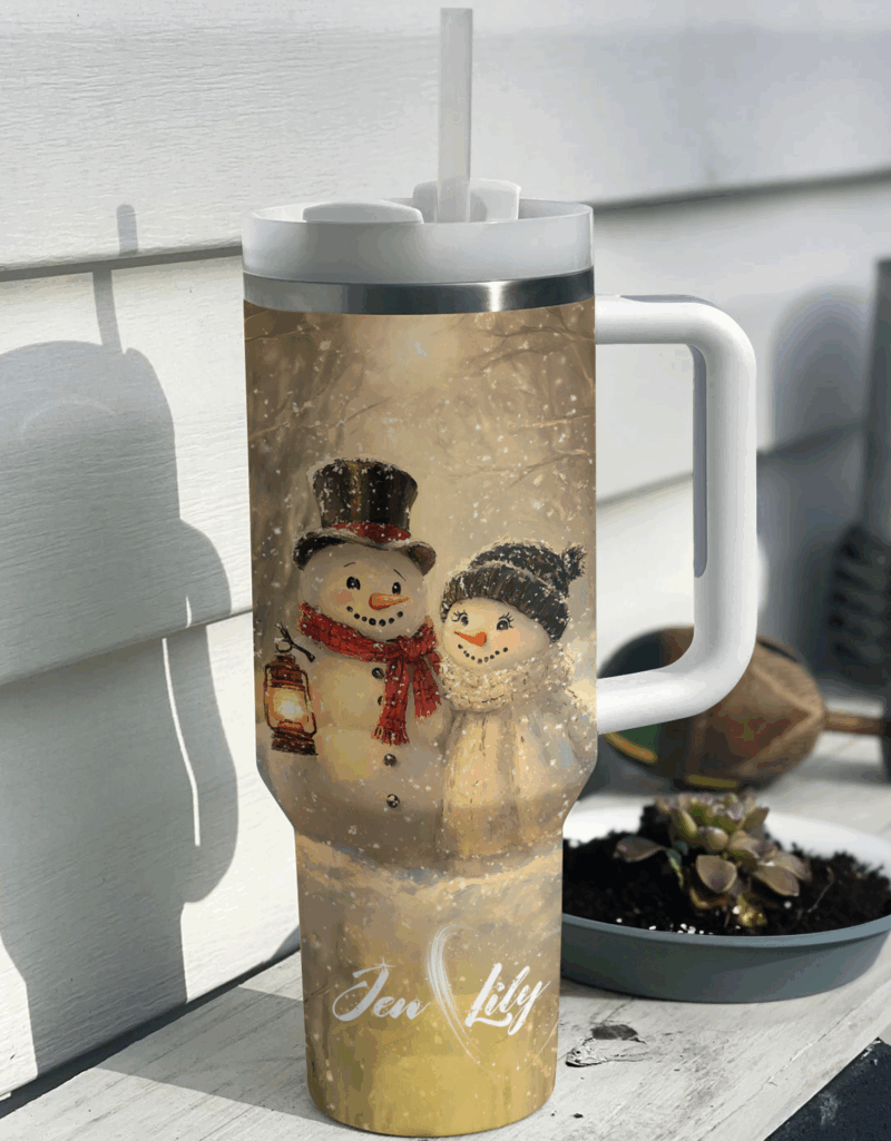 Customized Snowy Cuddle Christmas Custom Stanley Quencher 40oz Stainless Steel Tumbler With Handle - Threewoofs - Image 3