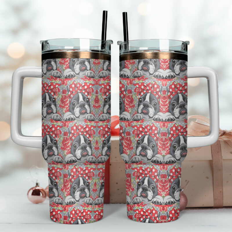 Cute Boston Terrierr Custom Stanley Quencher 40oz Stainless Steel Tumbler With Handle - Threewoofs - Image 4