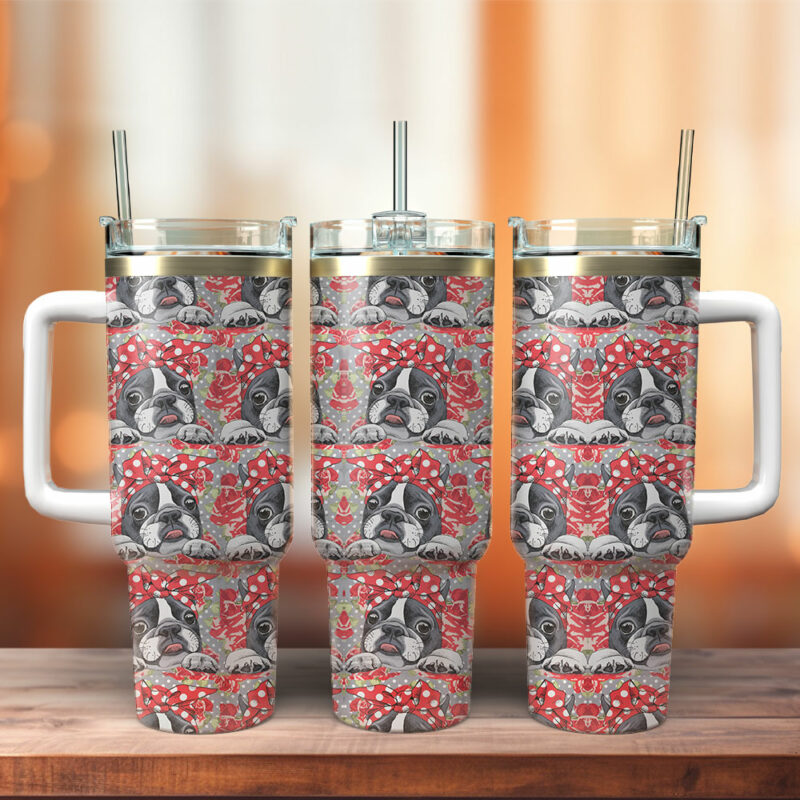 Cute Boston Terrierr Custom Stanley Quencher 40oz Stainless Steel Tumbler With Handle - Threewoofs