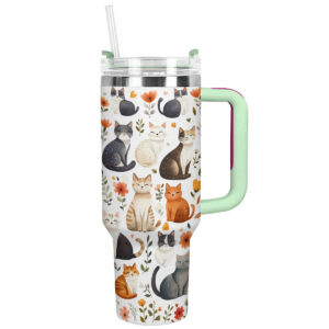 Cute Cat Shaped for Travel Custom Stanley Quencher 40oz Stainless Steel Tumbler With Handle - Threewoofs