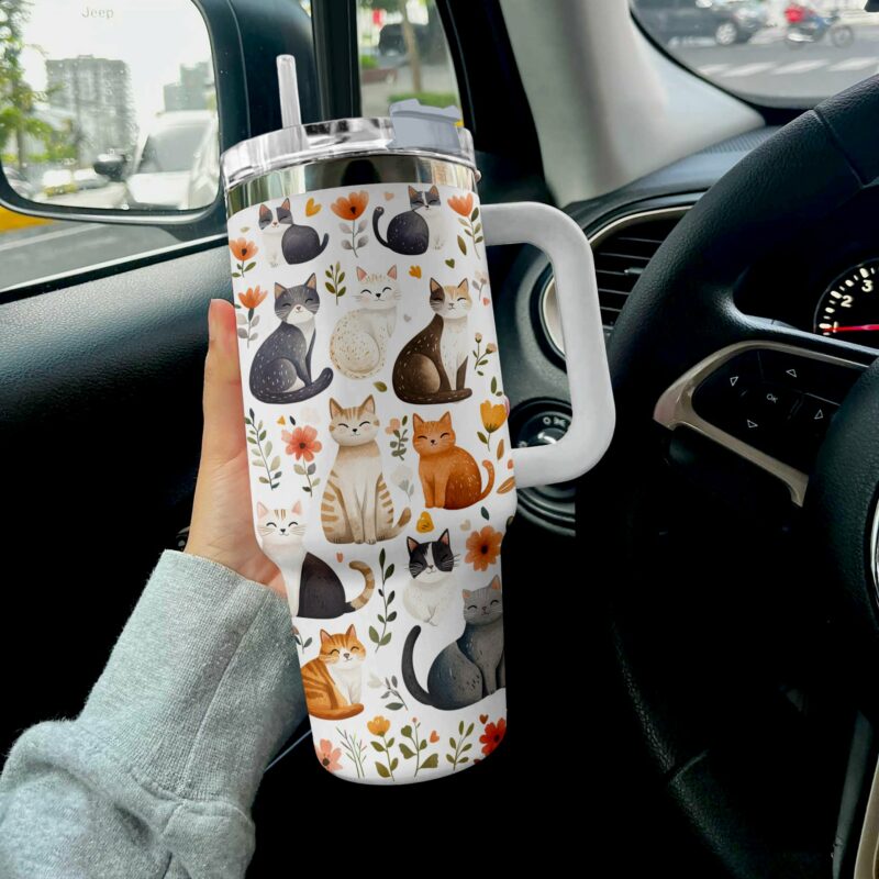 Cute Cat Shaped for Travel Custom Stanley Quencher 40oz Stainless Steel Tumbler With Handle - Threewoofs - Image 3
