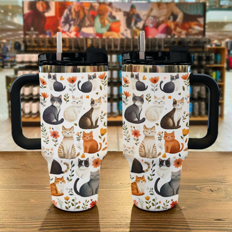 Cute Cat Shaped for Travel Custom Stanley Quencher 40oz Stainless Steel Tumbler With Handle - Threewoofs - Image 2