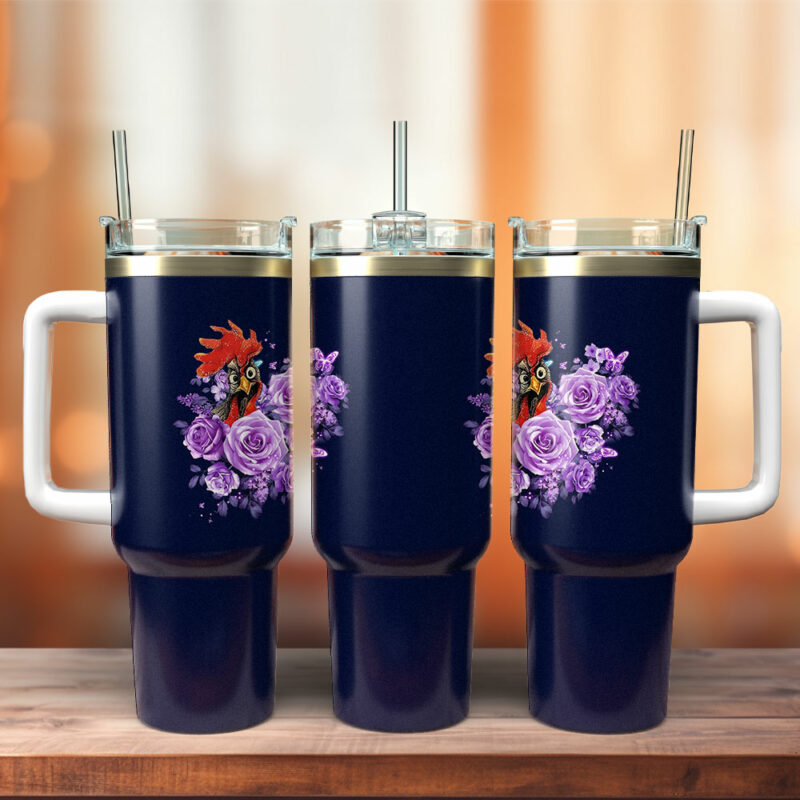 Cute Chicken Rooster Flower Custom Stanley Quencher 40oz Stainless Steel Tumbler With Handle - Threewoofs