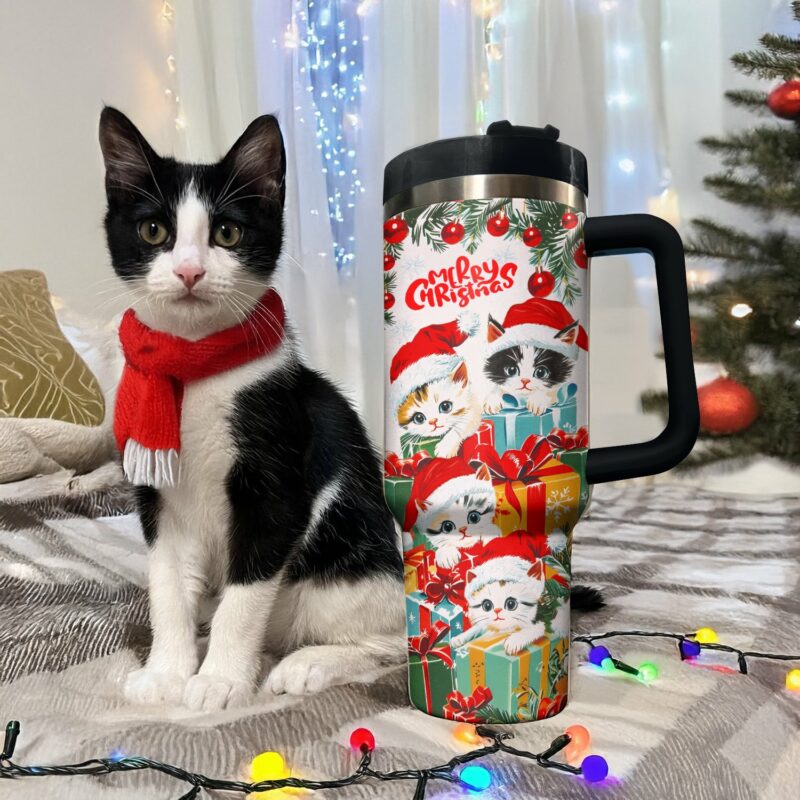 Cute Christmas Kitten Custom Stanley Quencher 40oz Stainless Steel Tumbler With Handle - Threewoofs - Image 2