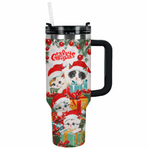 Cute Christmas Kitten Custom Stanley Quencher 40oz Stainless Steel Tumbler With Handle - Threewoofs