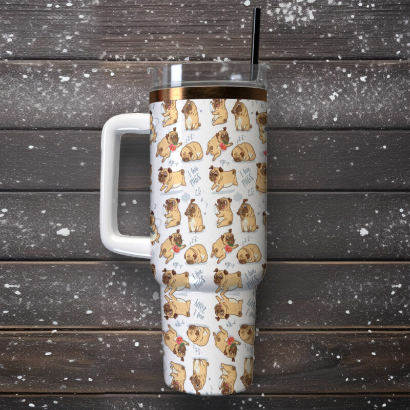 Cute Pug Dog Custom Stanley Quencher 40oz Stainless Steel Tumbler With Handle - Threewoofs - Image 2