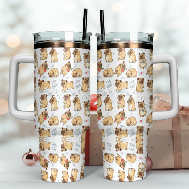 Cute Pug Dog Custom Stanley Quencher 40oz Stainless Steel Tumbler With Handle - Threewoofs - Image 4