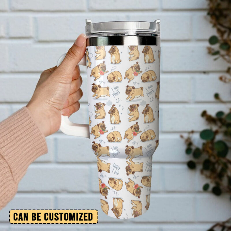 Cute Pug Dog Custom Stanley Quencher 40oz Stainless Steel Tumbler With Handle - Threewoofs - Image 3