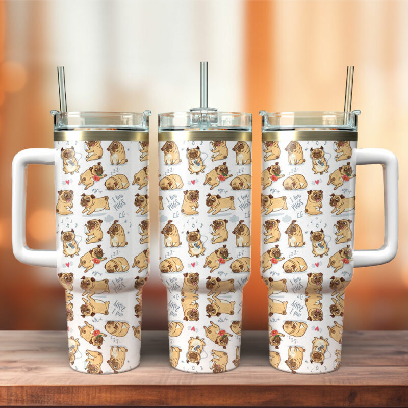 Cute Pug Dog Custom Stanley Quencher 40oz Stainless Steel Tumbler With Handle - Threewoofs