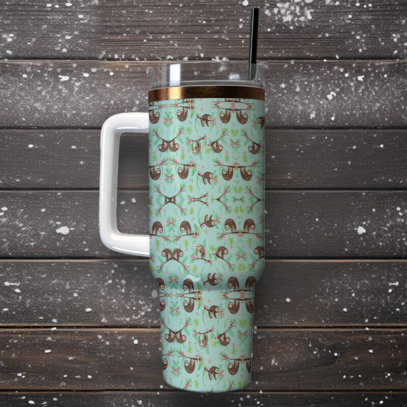 Cute Sloth Floral Custom Stanley Quencher 40oz Stainless Steel Tumbler With Handle - Threewoofs - Image 2