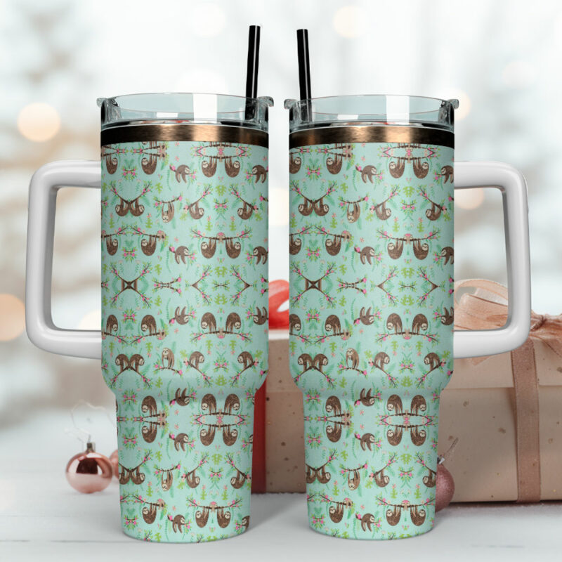 Cute Sloth Floral Custom Stanley Quencher 40oz Stainless Steel Tumbler With Handle - Threewoofs - Image 4