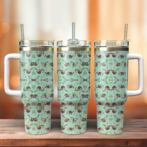 Cute Sloth Floral Custom Stanley Quencher 40oz Stainless Steel Tumbler With Handle - Threewoofs