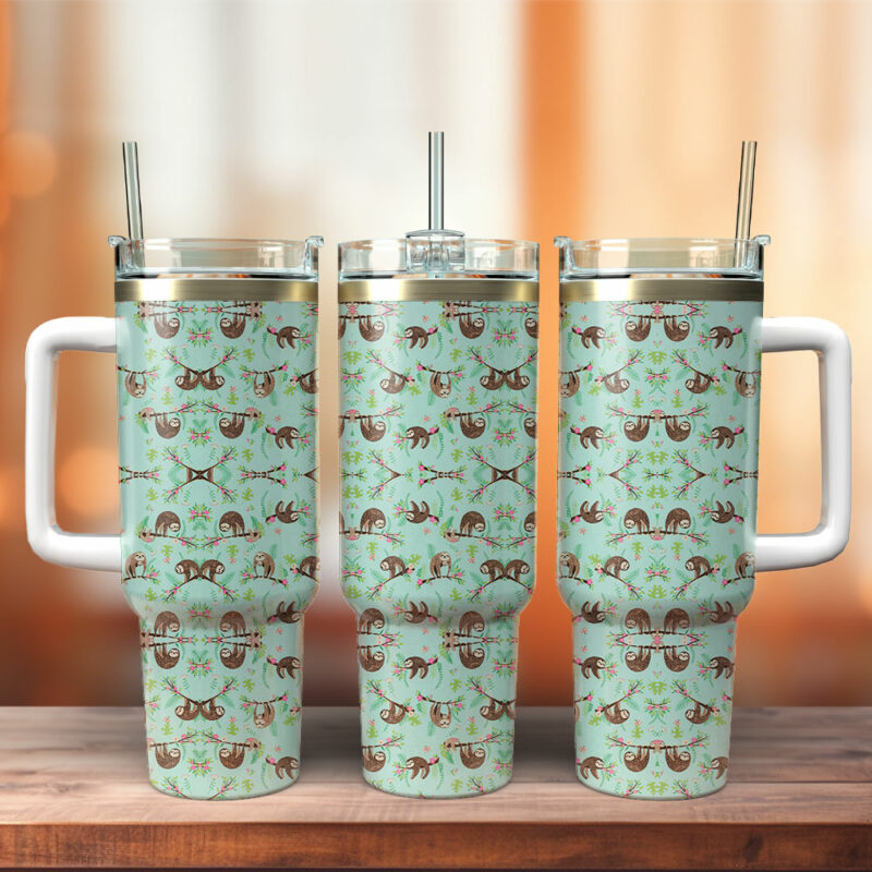 Cute Sloth Floral Custom Stanley Quencher 40oz Stainless Steel Tumbler With Handle - Threewoofs