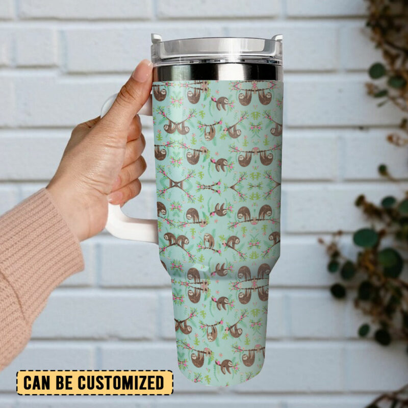 Cute Sloth Floral Custom Stanley Quencher 40oz Stainless Steel Tumbler With Handle - Threewoofs - Image 3
