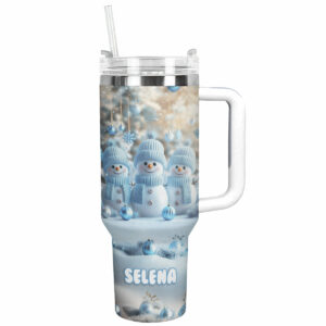 Cute Snowman Triplet Christmas Custom Stanley Quencher 40oz Stainless Steel Tumbler With Handle - Threewoofs