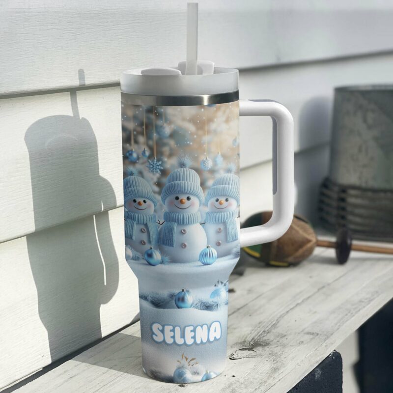 Cute Snowman Triplet Christmas Custom Stanley Quencher 40oz Stainless Steel Tumbler With Handle - Threewoofs - Image 2