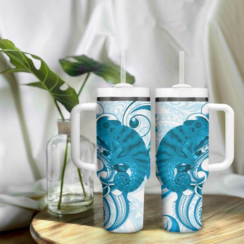 Cyan And White Hawaii Chameleon Plumeria Polynesian Tribal Art Custom Stanley Quencher 40oz Stainless Steel Tumbler With Handle - Threewoofs - Image 9