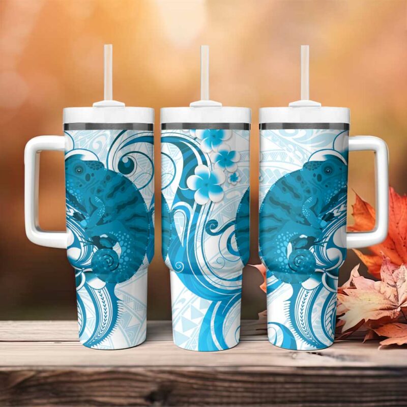 Cyan And White Hawaii Chameleon Plumeria Polynesian Tribal Art Custom Stanley Quencher 40oz Stainless Steel Tumbler With Handle - Threewoofs - Image 4