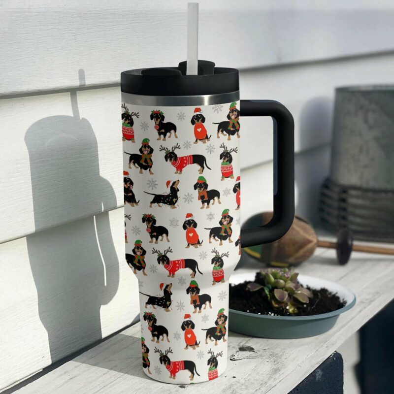 Dachshund Christmas Cheer Custom Stanley Quencher 40oz Stainless Steel Tumbler With Handle - Threewoofs - Image 3