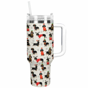 Dachshund Christmas Cheer Custom Stanley Quencher 40oz Stainless Steel Tumbler With Handle - Threewoofs