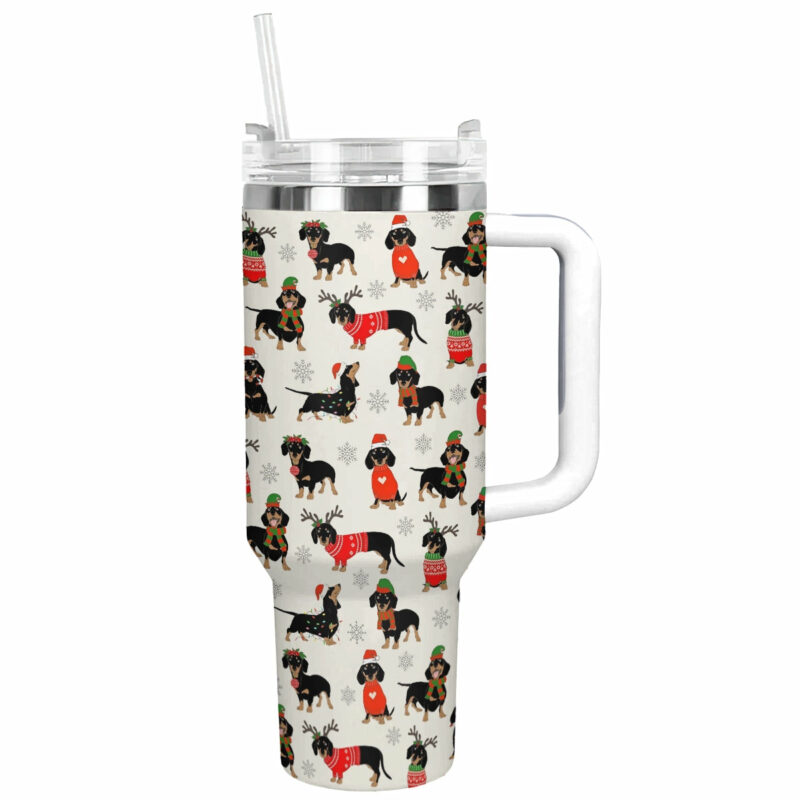 Dachshund Christmas Cheer Custom Stanley Quencher 40oz Stainless Steel Tumbler With Handle - Threewoofs
