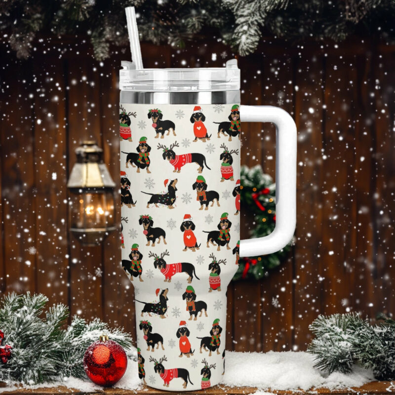 Dachshund Christmas Cheer Custom Stanley Quencher 40oz Stainless Steel Tumbler With Handle - Threewoofs - Image 2