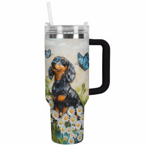 Dachshund Dog and Flower Custom Stanley Quencher 40oz Stainless Steel Tumbler With Handle - Threewoofs