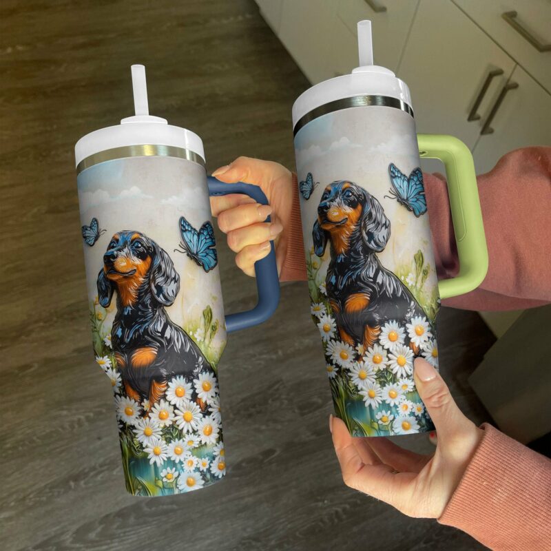 Dachshund Dog and Flower Custom Stanley Quencher 40oz Stainless Steel Tumbler With Handle - Threewoofs - Image 3