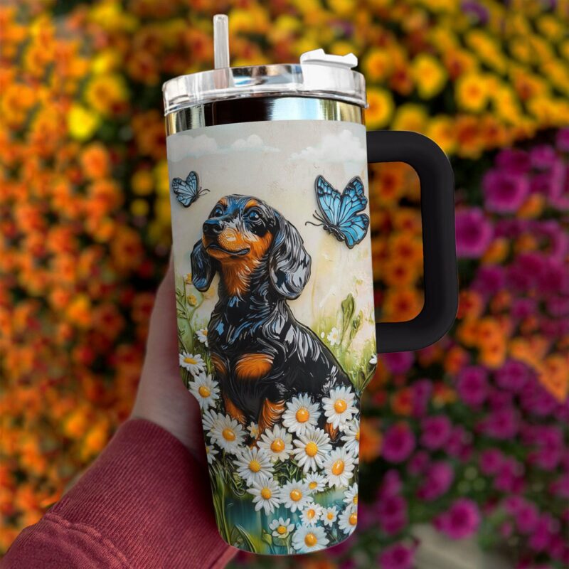 Dachshund Dog and Flower Custom Stanley Quencher 40oz Stainless Steel Tumbler With Handle - Threewoofs - Image 2
