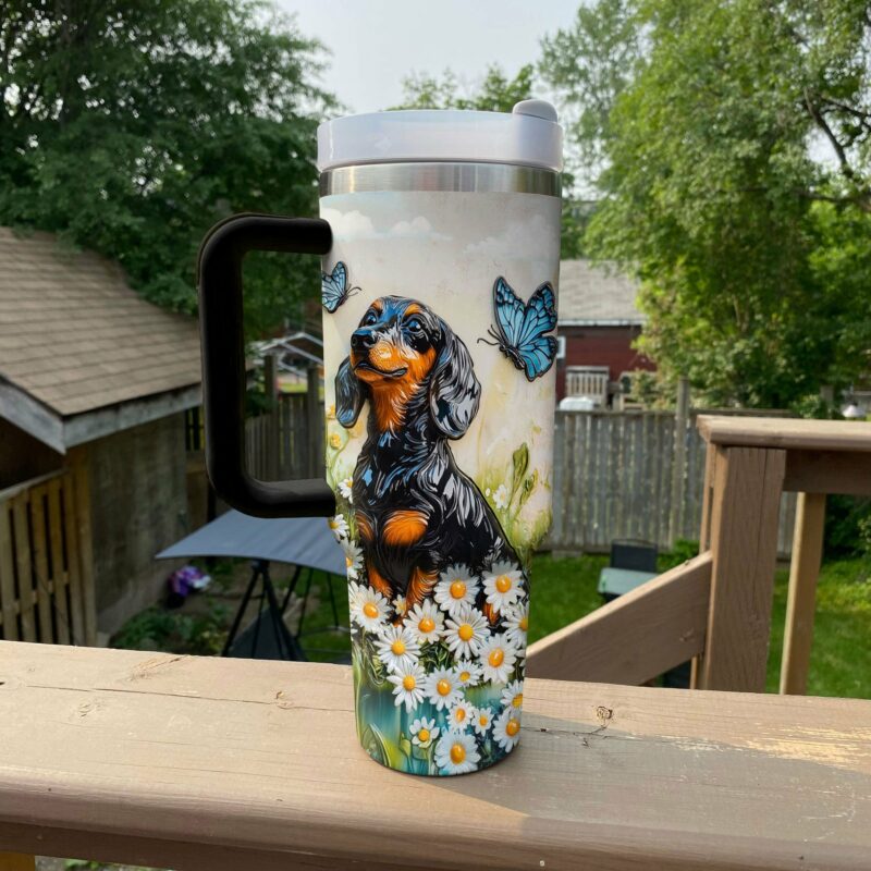 Dachshund Dog and Flower Custom Stanley Quencher 40oz Stainless Steel Tumbler With Handle - Threewoofs - Image 4