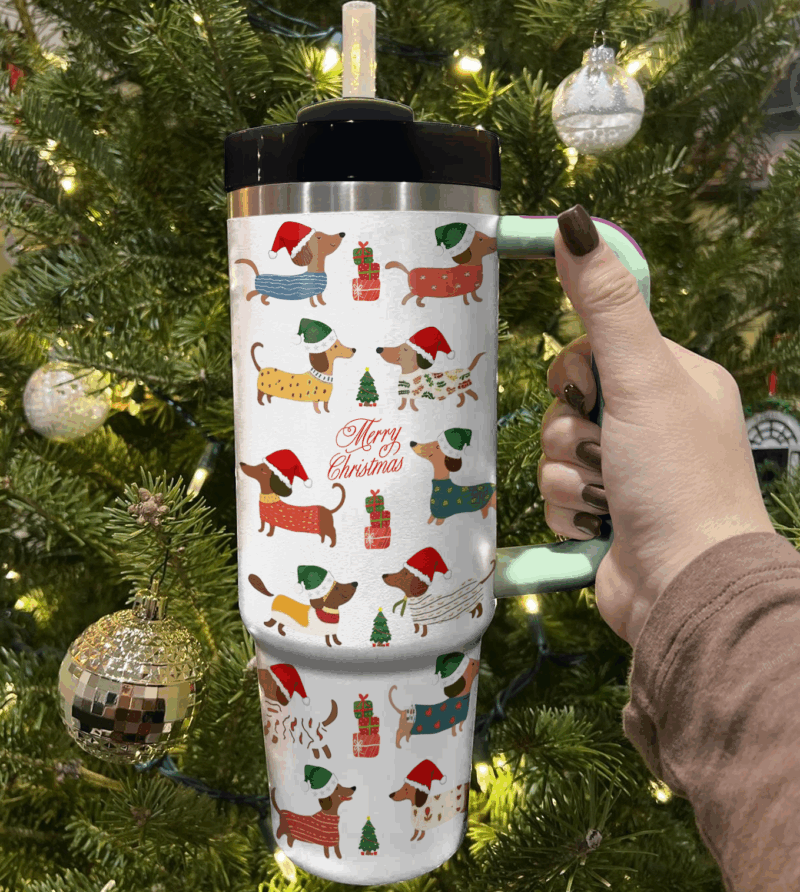 Dachshund Holiday Cheer Christmas Custom Stanley Quencher 40oz Stainless Steel Tumbler With Handle - Threewoofs - Image 3