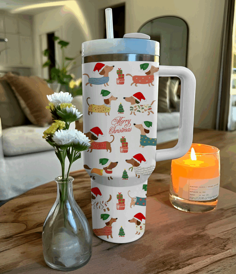 Dachshund Holiday Cheer Christmas Custom Stanley Quencher 40oz Stainless Steel Tumbler With Handle - Threewoofs - Image 2