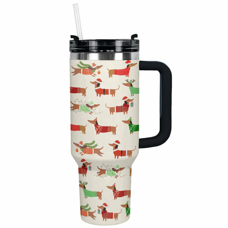 Dapper Dachshund Christmas Custom Stanley Quencher 40oz Stainless Steel Tumbler With Handle - Threewoofs