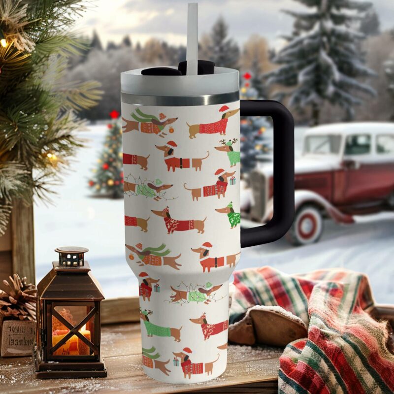 Dapper Dachshund Christmas Custom Stanley Quencher 40oz Stainless Steel Tumbler With Handle - Threewoofs - Image 3