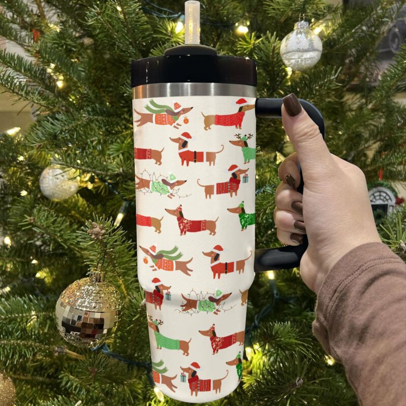 Dapper Dachshund Christmas Custom Stanley Quencher 40oz Stainless Steel Tumbler With Handle - Threewoofs - Image 2