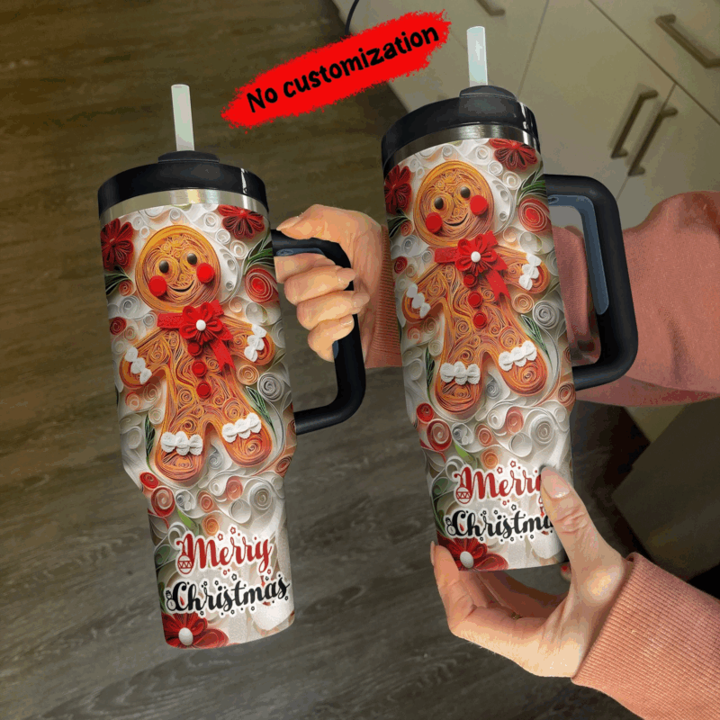 Dashing Gingerbread Delight Christmas Custom Stanley Quencher 40oz Stainless Steel Tumbler With Handle - Threewoofs - Image 3