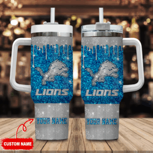 Detroit Lions NFL Glitter Custom Stanley Quencher 40oz Stainless Steel Tumbler With Handle - Threewoofs