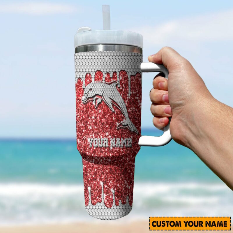 Dolphins NRL Sports Glitter Custom Stanley Quencher 40oz Stainless Steel Tumbler With Handle - Threewoofs - Image 3