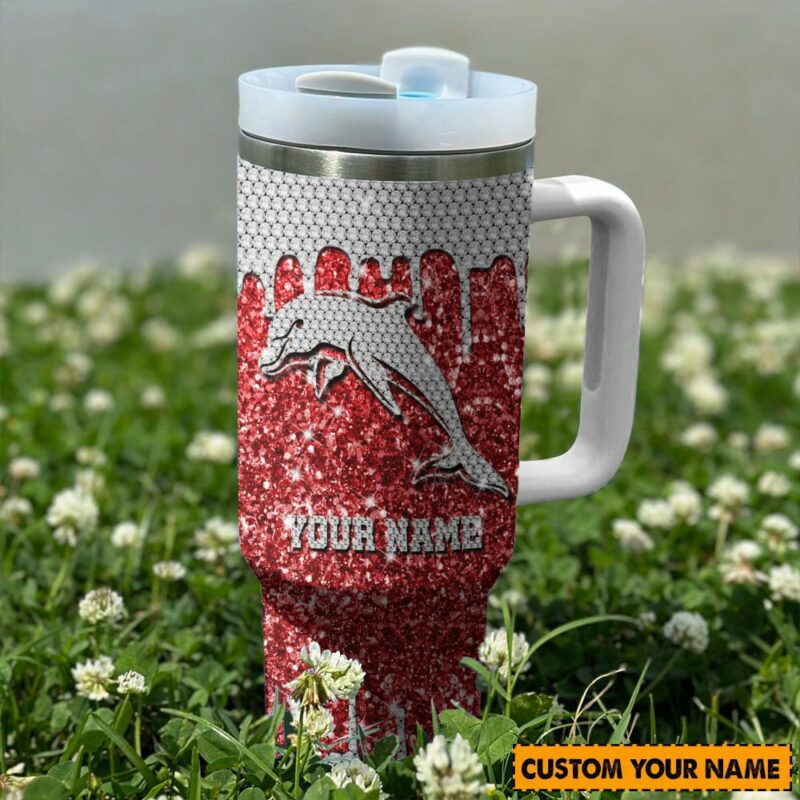Dolphins NRL Sports Glitter Custom Stanley Quencher 40oz Stainless Steel Tumbler With Handle - Threewoofs - Image 2