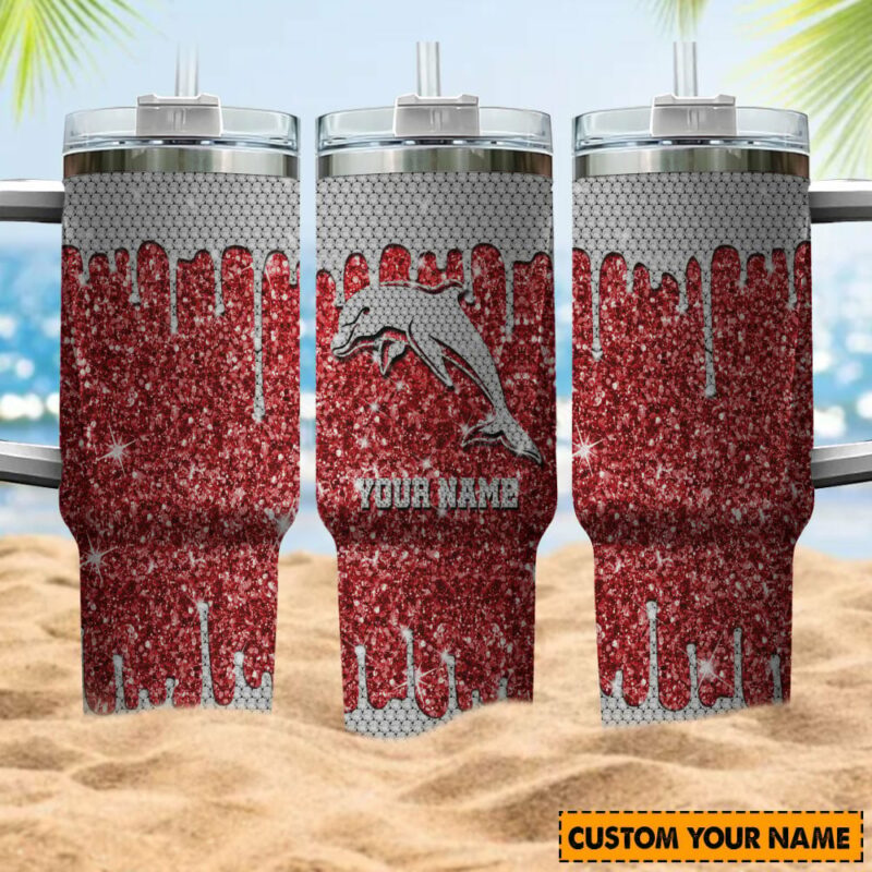 Dolphins NRL Sports Glitter Custom Stanley Quencher 40oz Stainless Steel Tumbler With Handle - Threewoofs - Image 4