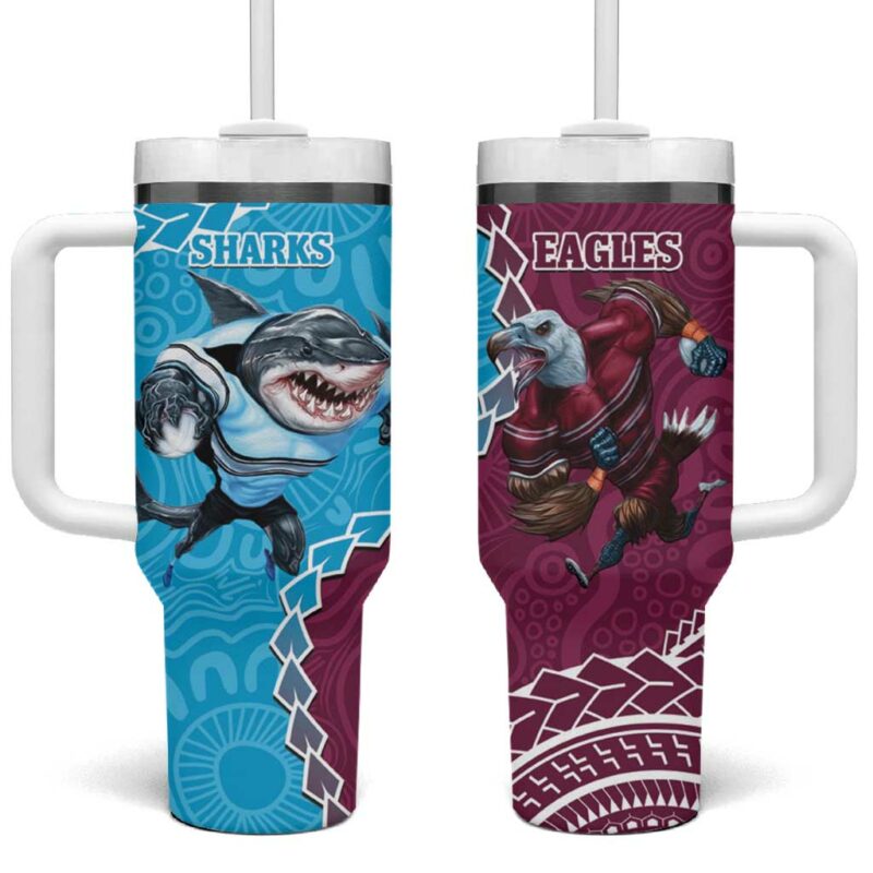Eagles And Sharks Rugby Aboriginal Mix Polynesian Pattern Custom Stanley Quencher 40oz Stainless Steel Tumbler With Handle - Threewoofs - Image 2