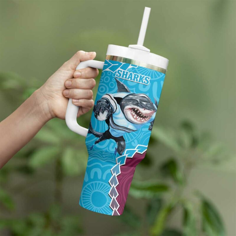 Eagles And Sharks Rugby Aboriginal Mix Polynesian Pattern Custom Stanley Quencher 40oz Stainless Steel Tumbler With Handle - Threewoofs - Image 4