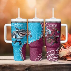 Eagles And Sharks Rugby Aboriginal Mix Polynesian Pattern Custom Stanley Quencher 40oz Stainless Steel Tumbler With Handle - Threewoofs