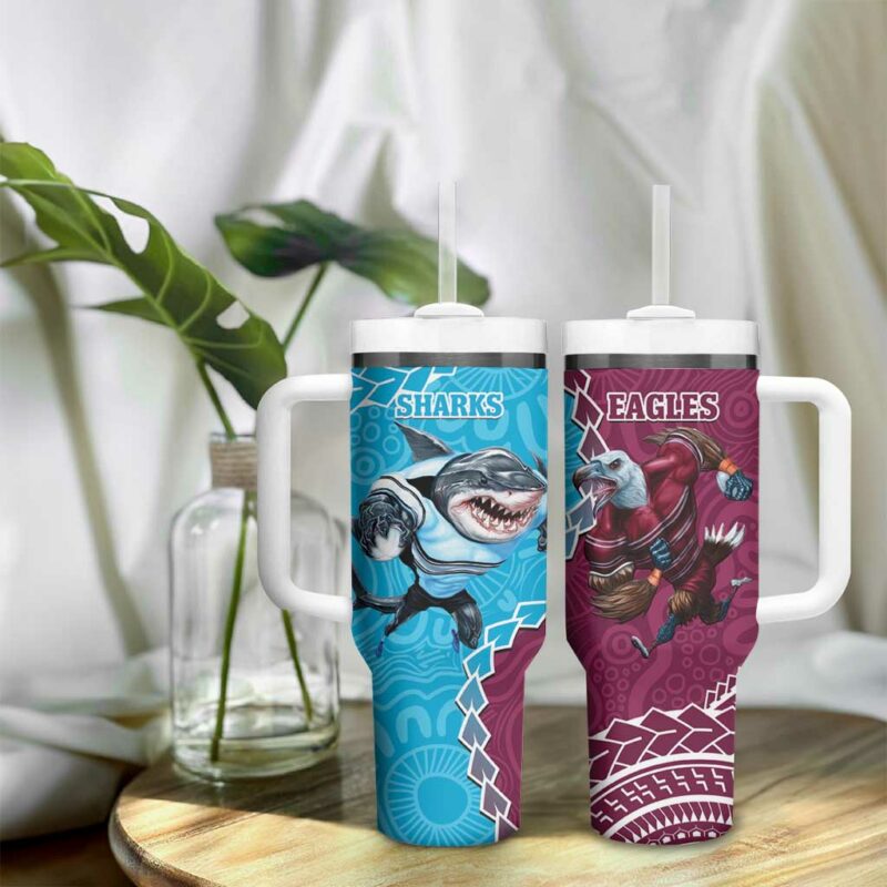 Eagles And Sharks Rugby Aboriginal Mix Polynesian Pattern Custom Stanley Quencher 40oz Stainless Steel Tumbler With Handle - Threewoofs - Image 9