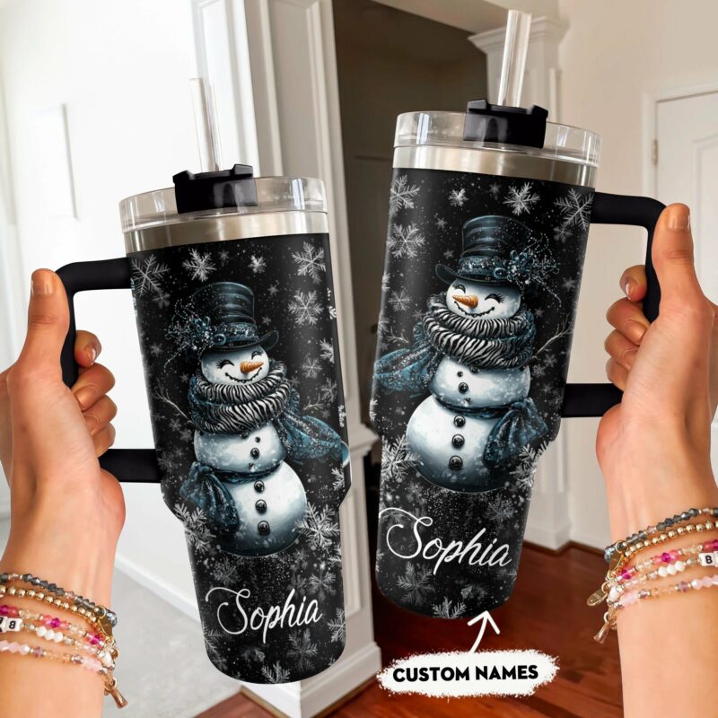 Elegant Midnight Snowman Christmas Custom Stanley Quencher 40oz Stainless Steel Tumbler With Handle - Threewoofs - Image 3