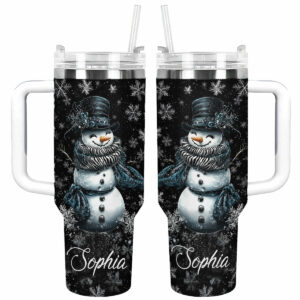 Elegant Midnight Snowman Christmas Custom Stanley Quencher 40oz Stainless Steel Tumbler With Handle - Threewoofs